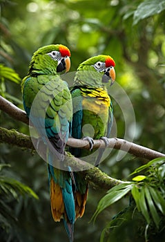 A pair of green parrots on a branch