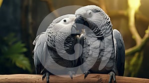 A pair of grey parrots engaged in a gentle preening session