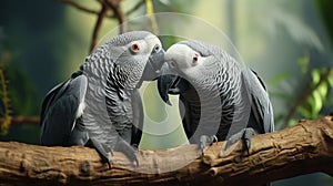 A pair of grey parrots engaged in a gentle preening session,