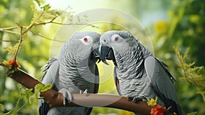 A pair of grey parrots engaged in a gentle preening session,