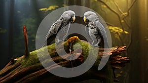 A pair of grey parrots perched on a weathered tree stump,