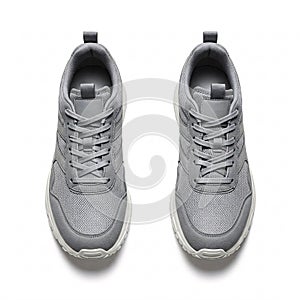 A pair of grey sneakers with white soles, isolated on a white