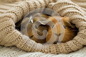 pair of guinea pigs resting in a cuddle sack, plush fabric