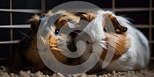 A pair of guinea pigs snuggling together in their cozy cage, concept of Cuddling mammals, created with Generative AI