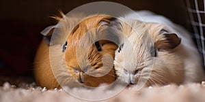 A pair of guinea pigs snuggling together in their cozy cage, concept of Cuddling mammals, created with Generative AI