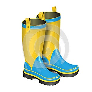 Pair of gumboots. Rain yellow and blue boots on white