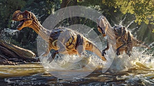 A pair of hadrosaurs playfully splashing in the river their webbed feet propelling them forward as they frolic in the