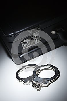 Pair of Handcuffs and Briefcase Under Spot Light