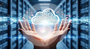 Cloud Computing Technology Concept with Hands Holding Digital Cloud Icon in Server Room