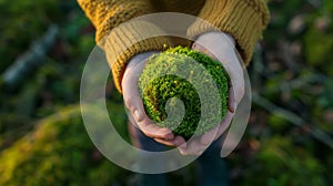 Hands Holding a Moss Sphere. AI generated