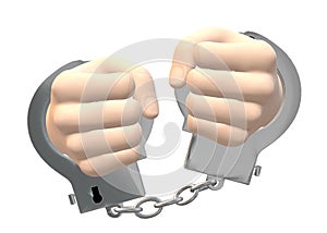 A pair of hands cuffed by handcuffs against a white backdrop