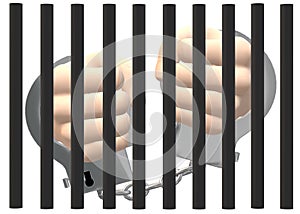 A pair of hands cuffed by handcuffs behind bars against a white backdrop