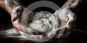 A pair of hands expertly kneads dough, the flour dusting the skin and the strain of the effort visible in the sinews of