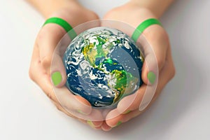 A pair of hands gently cradle a small earth, symbolizing care and protection of our planet