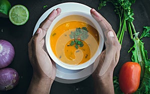 A pair of hands hold a white soup bowl filled with thai soup decorated with coriander leaves