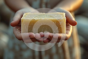 A pair of hands holding a bar of fresh, aromatic soap, highlighting the importance of cleanliness in daily life