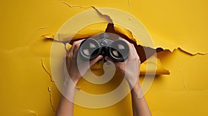 Hands holding binoculars through tear.AI generated image