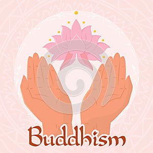 Pair of hands holding a lotus flower Buddhism concept Vector