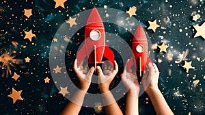 Pair of hands holding red paper model of rocket ship against background of stars. AI