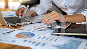 A pair of hands operates a calculator next to eyeglasses and financial documents on a desk..AI generated image