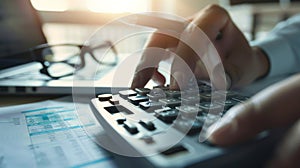 A pair of hands operates a calculator next to eyeglasses and financial documents on a desk..AI generated image