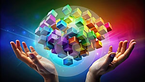 A pair of hands reaches upward toward a multi-colored exploding cube made