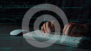 Hands Typing on Keyboard with Coding Text and Digital Data Flow in Background, Concept of Programming and Technology