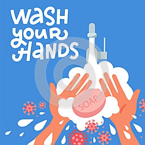 Pair of hands washing using soap and bubbles.Handwashing coronavirus concept. Clean arm in foam. Vector flat cartoon illustration