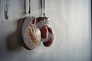 Pair of hanging old boxing gloves isolated on grey wall background.