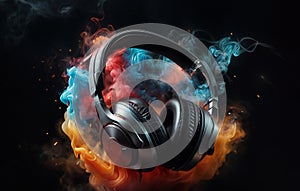 A pair of headphones on colorful smoky cloud background