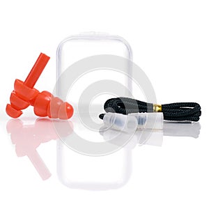 A pair of hearing protection ear plugs with Plastic Container isolated on white