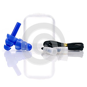 A pair of hearing protection ear plugs with Plastic Container isolated on white