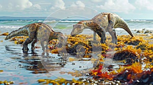 A pair of herbivorous dinosaurs grazing on the colorful seaweed and algae growing on the sides of a tidal pool