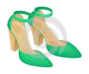 Pair of High Heeled Green Shoes with Latchet Isolated on White Background Vector Illustration