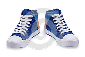 Pair of high top color denim gymshoes