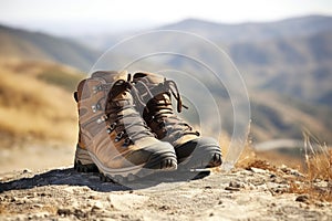 a pair of hiking boots on a mountain trail