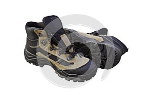 Pair of hiking boots on white background