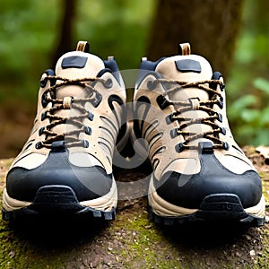 Pair of hiking shoes in the forest. Generative AI