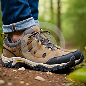 Pair of hiking shoes in the forest. Generative AI