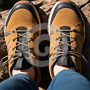 A pair of hiking shoes. View from above. Generative AI