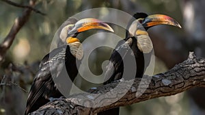 A pair of hornbills perched in a tree created with Generative AI