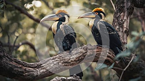 A pair of hornbills perched in a tree created with Generative AI