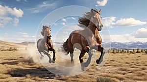 A pair of horses galloping freely through an open field