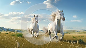 A pair of horses galloping freely through an open field