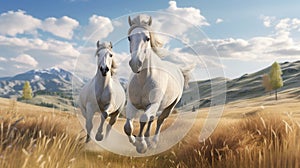 A pair of horses galloping freely through an open field