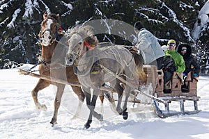 A pair of horses harnessed to a wagon, fun people in a mountain village in the snow.