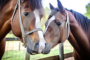 a pair of horses nuzzling each others noses