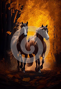 A pair of horses running through the fall woods. AI Generated