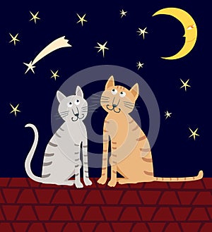 A pair of house cats sit on the roof in the starry night