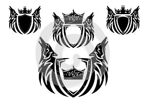 Pair of howling wolf heads with heraldic shield and royal king crown black and white vector heraldic design set